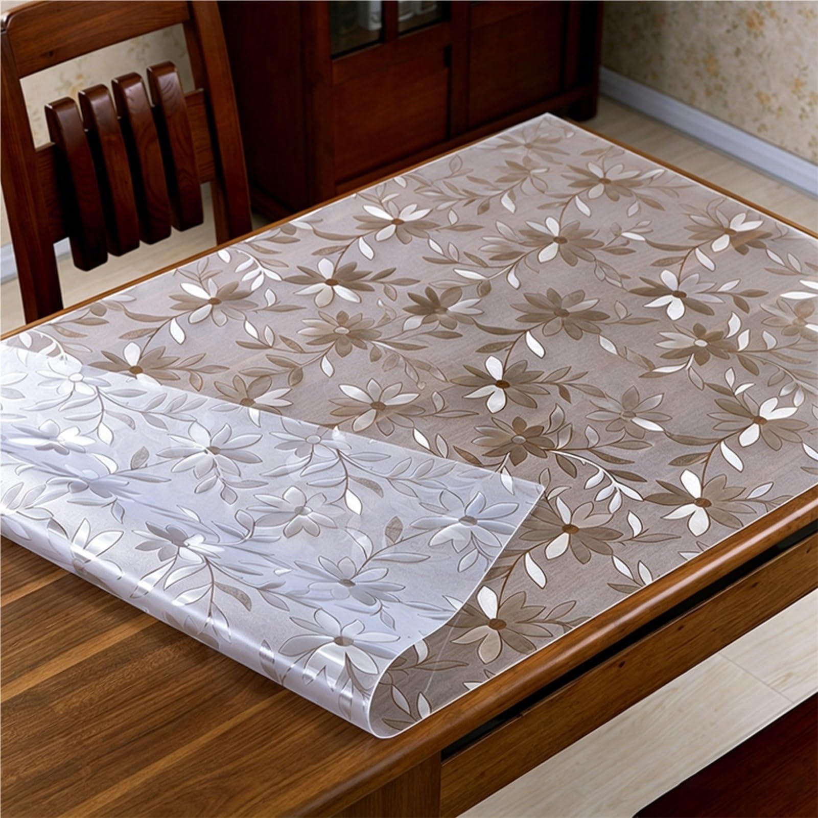 Tovaglia Plastificata Rettangolare Trasparente per Cucina e Pranzo, Impermeabile Lavabili Wipe Clean Antiscivolo Resistente | PVC 2mm | Protezione Mobili con Design Fiori(80 x 120 cm)