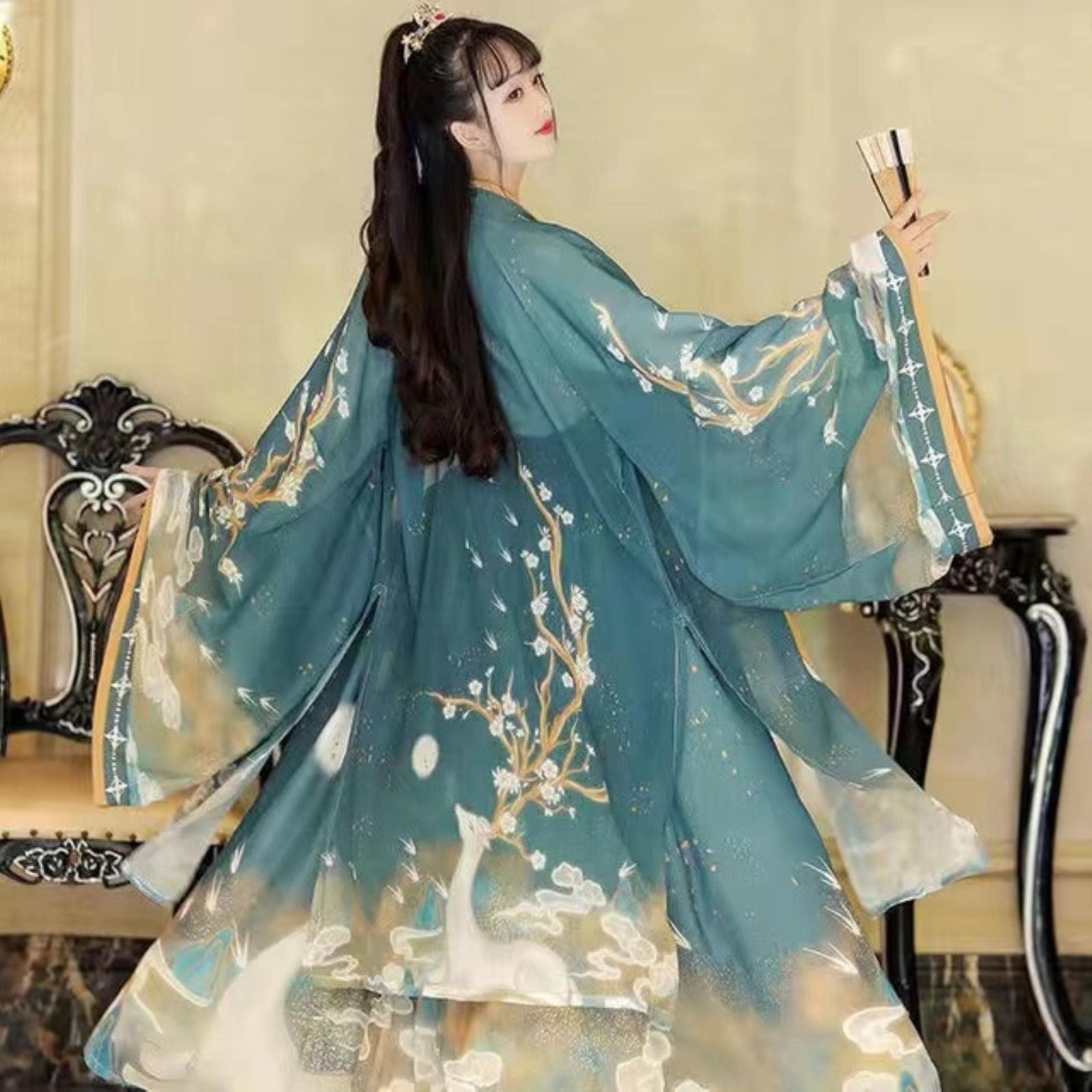 MOOCO MORNING Hanfu Women's Chinese Style Original Spring and Autumn Cross Collar Waist Length Pleated Skirt Daily Ancient Costume Fairy Dress