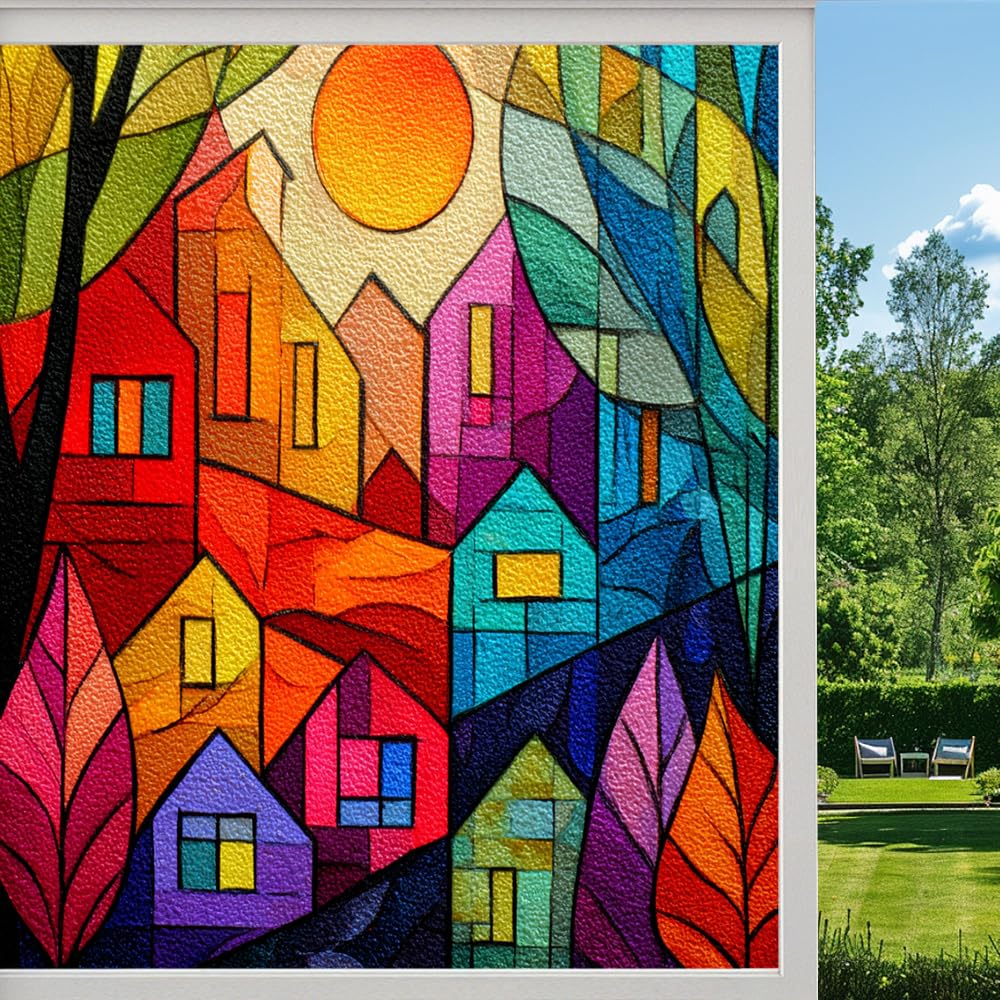 Cartoon Houses Stained Glass Window Film, Colorful Geometric Town Peel and Stick Privacy Film, Frosted Adhesive Vinyl Decorative for Bathroom Windows Glass Doors, （40x80cm）