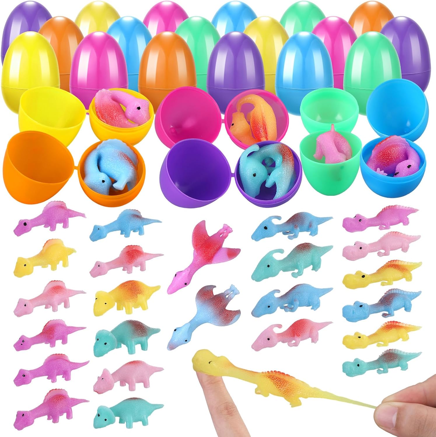 Jenaai 24 Pack Dinosaur Easter Egg Fillers with Slingshot Dinosaur Filled Easter Eggs for Kids Sticky Rubber Dino Flying Catapult Fidget Toys for Girls Boys Goodie Bag Basket Stuffers Classroom Prizes