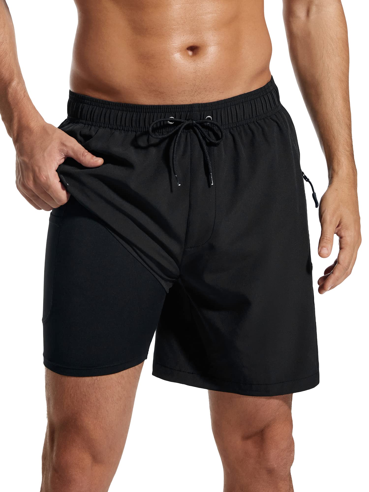 SILKWORLD Mens 7 Inch Swim Trunks with Compression Liner Bathing Suit Quick Dry Swim Shorts with Zipper Pockets, Black, Large