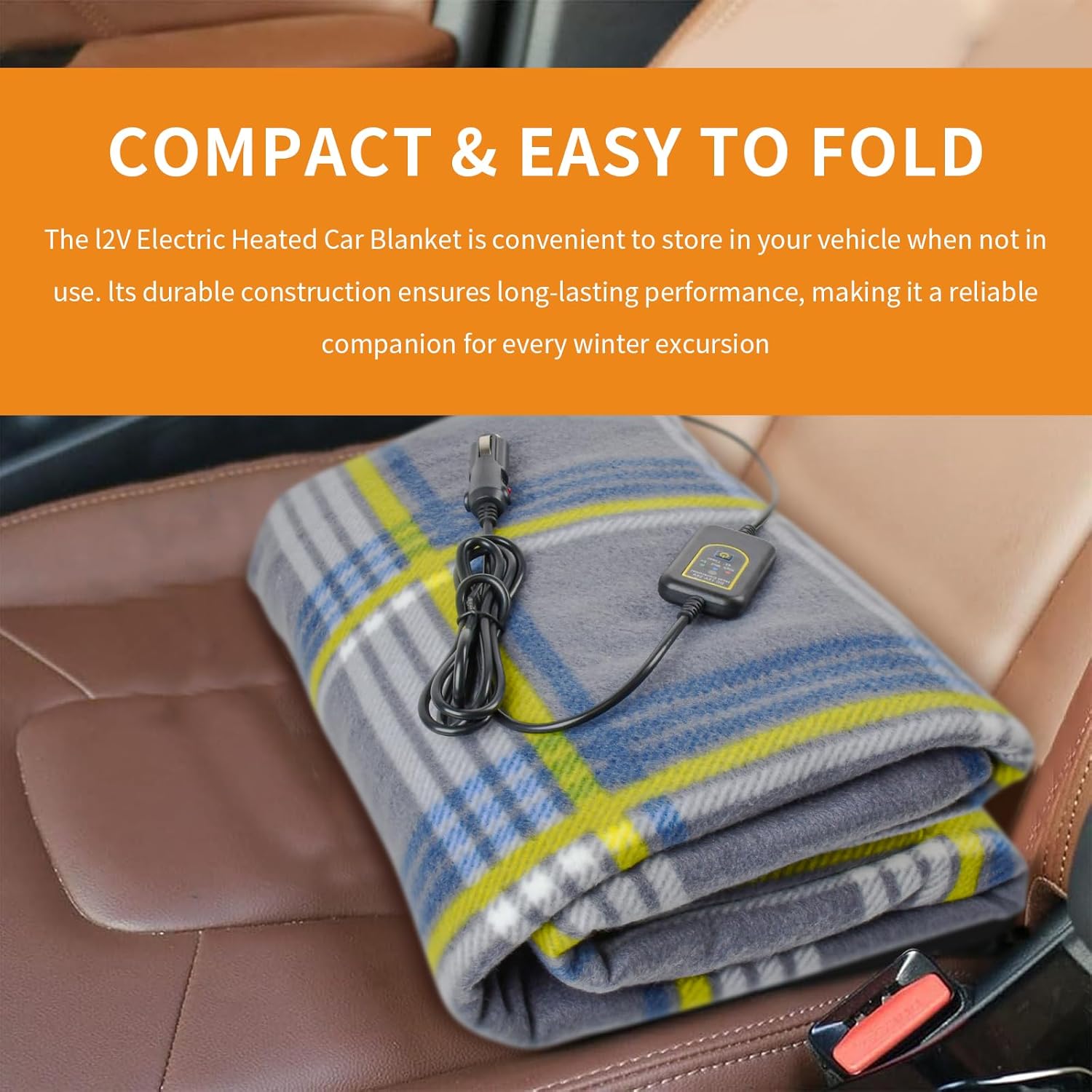 Amazingforless 12V Heated Fleece Car Blanket with Controller for Timer & Heat Levels Electric Car Blanket (Yellow Plaid)