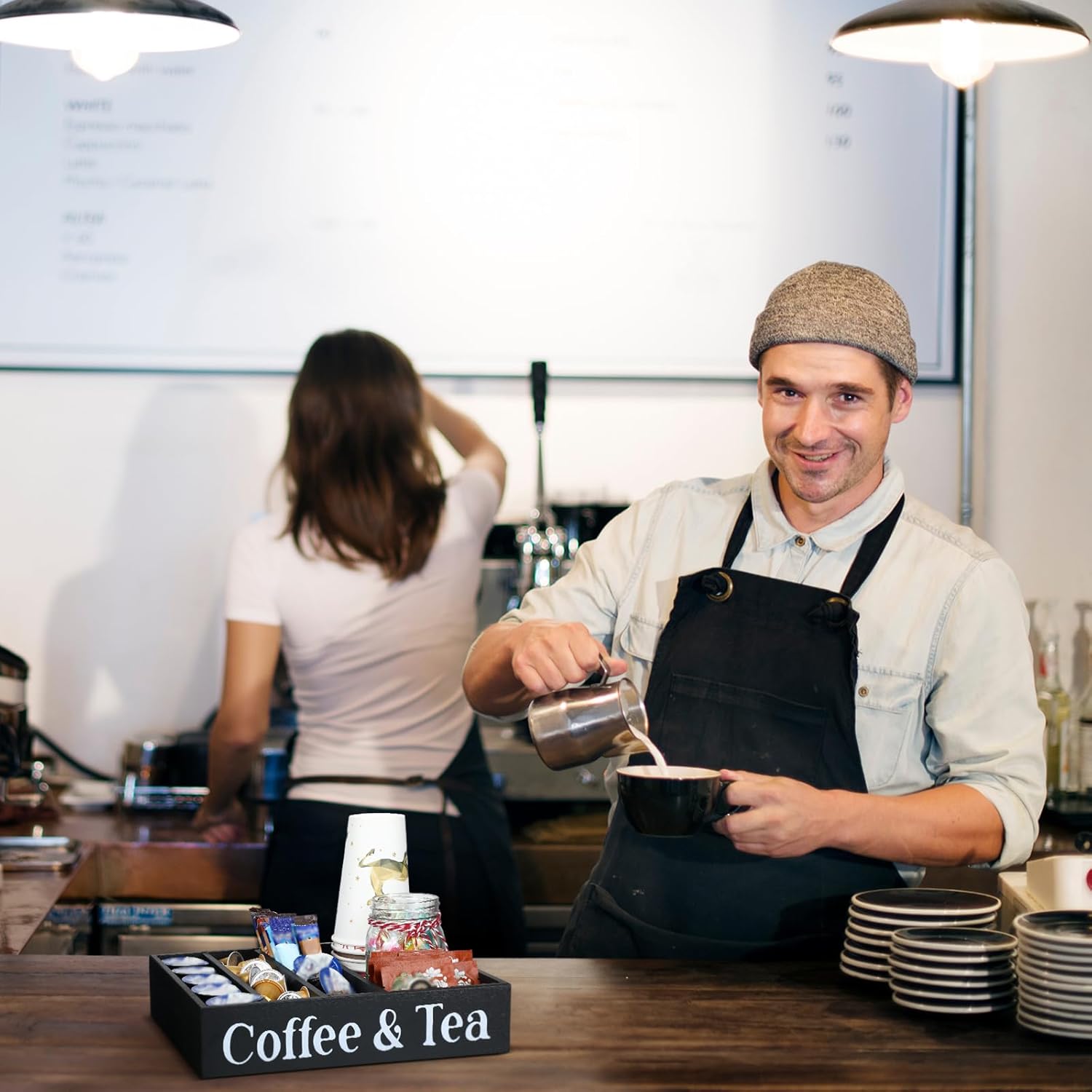 Soaoo Coffee Station Organizer Wooden Coffee and Tea Holder Countertop Accessories with 4 Removable Dividers, Condiment Organizer Adjustable Cafe Pod Holder Home Office Bar Kitchen image 4 of 6 B0CD7N61SD