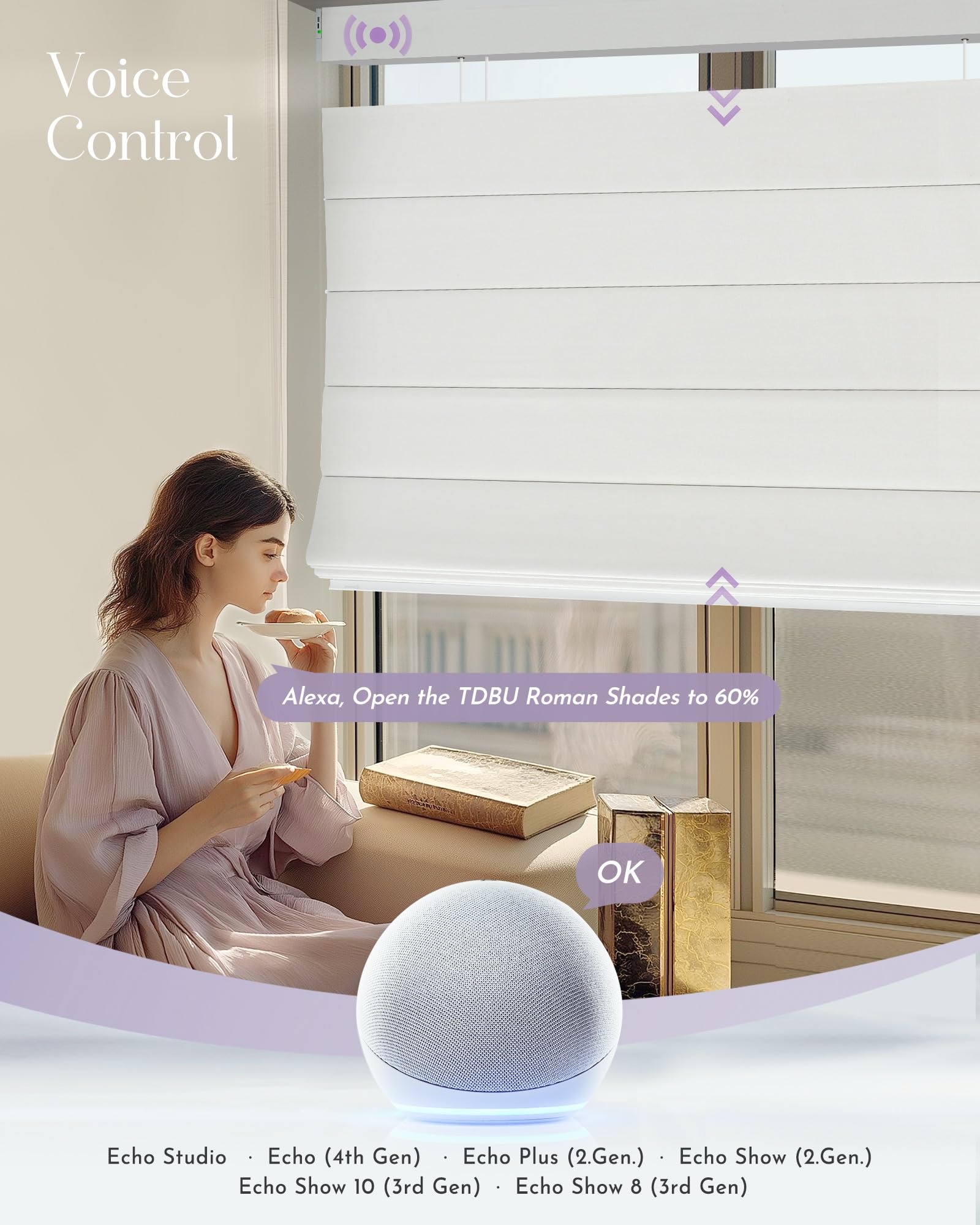 Graywind Smart Top Down Bottom Up Roman Shades Compatible with Alexa Google Solar Powered Motorized TDBU Shades for Windows Custom Size (Blackout Matelasse Series)