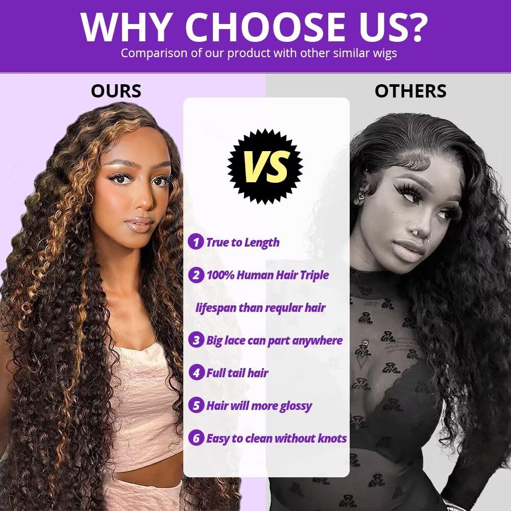 Highlight Deep Wave Lace Front Wigs Human Hair 13x6 HD Transparent Lace Front Wigs 200 Density 4/27 Ombre Honey Blonde Curly Wig for Women Pre Plucked with Baby Hair 1.88 Inch