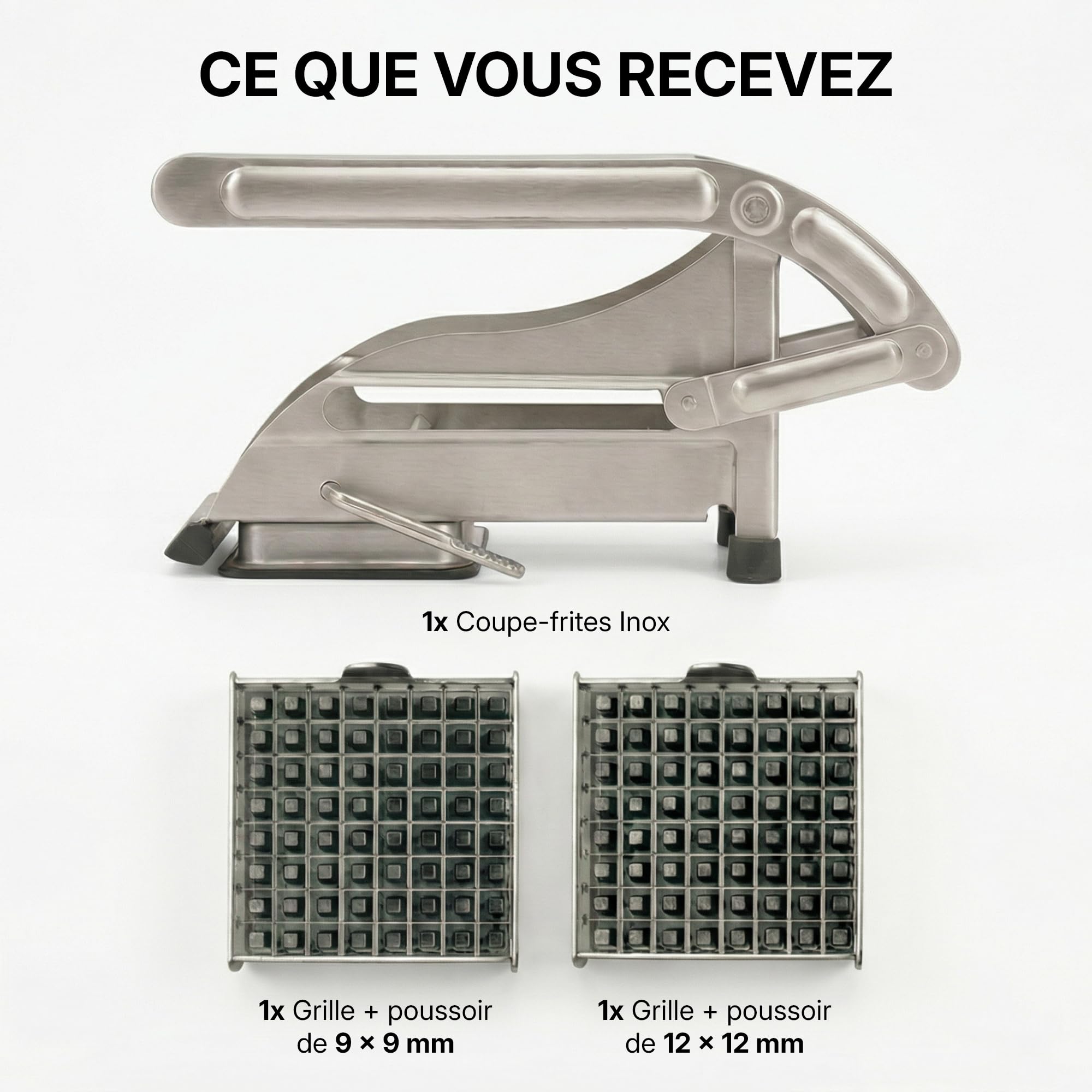 La Bonne Graine - Coupe-frites inox ventouse, frites maison 9-12mm | Frites maison en un geste ; fixation ventouse, inox résistant, 2 grilles 9x9/12x12mm, marque française ; lave-vaisselle