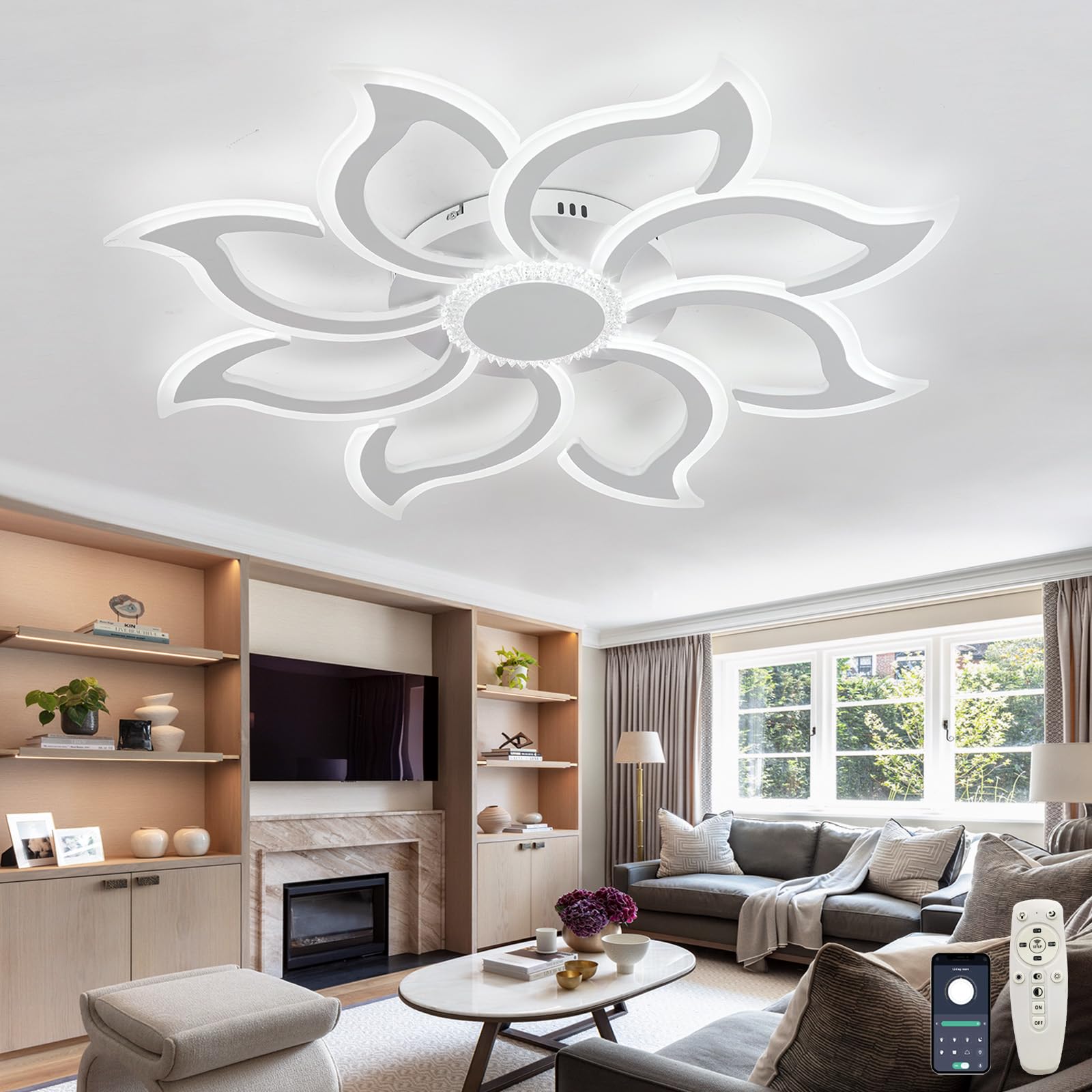 Dceinz Flower Ceiling Light LED Dimmable 3000K-6000K Smart Ceiling Lighting with Remote APP Memory Function Ceiling Lamp Modern Large 35in Ceiling Lights for Living Room, Bedroom, Lounge-White