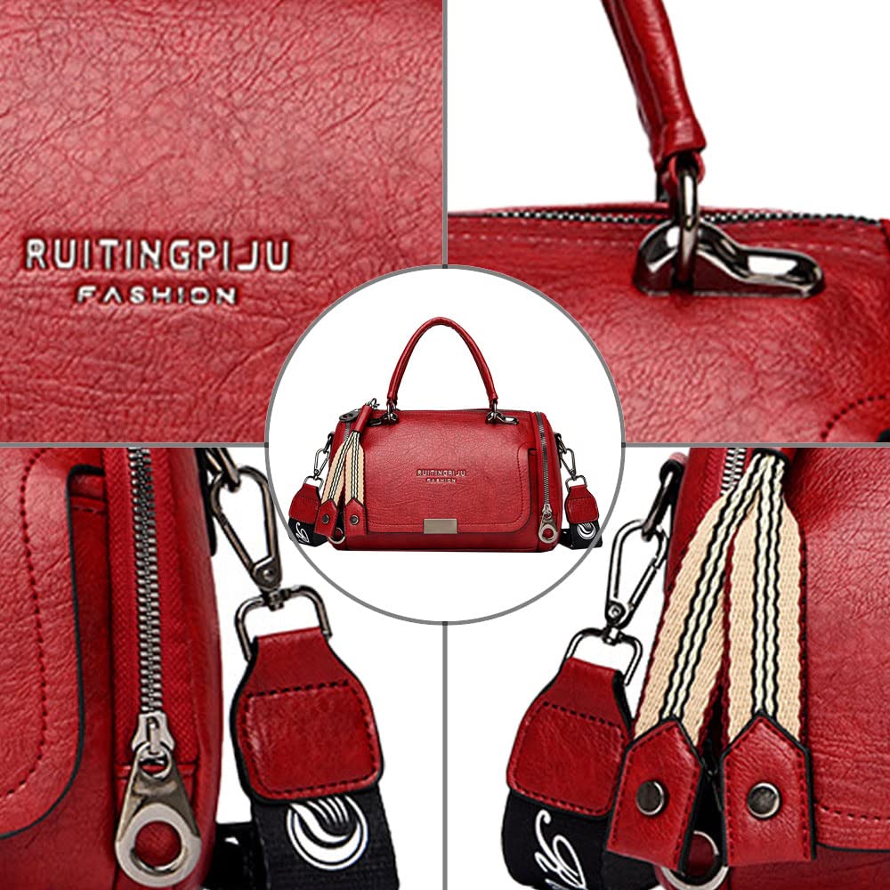 Bolsos de Mano Mujer Bolsos de Hombro de Cuero Genuino Bolsos Cruzados de Boston Moda Bolso de Rojo