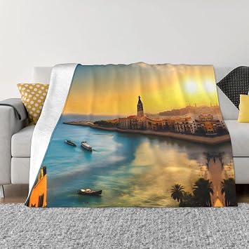 Sunset in Barcelona Throw Blanket Warm Ultra-Soft Micro Fleece Blanket for Couch Bed Living Room Camping Decor, 80"x60"