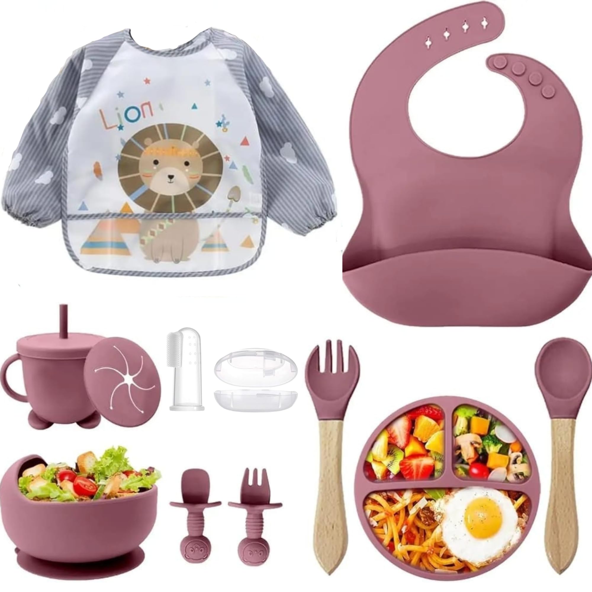 SPY KIDS® 12Pcs Silicone Baby Feeding Set – BPA-Free, Microwave & Dishwasher Safe | Suction Plate, Bowl, 2-in-1 Sipper Cup, 2 Spoons, 2 Forks, Finger Brush with Case, 2 Silicone & Cloth Bibs | (Pink)