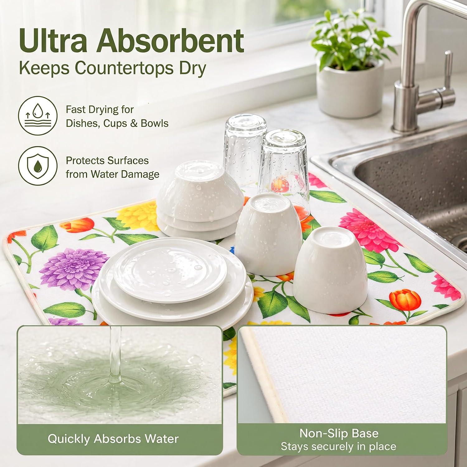 2 Pcs Colorful Dahlia Floral Dish Drying Mat 23.6 x 17.7 Inch Ultra Absorbent Reversible Microfiber Kitchen Countertop Mat for Dishes Cups Hot Pans Kitchen Decor