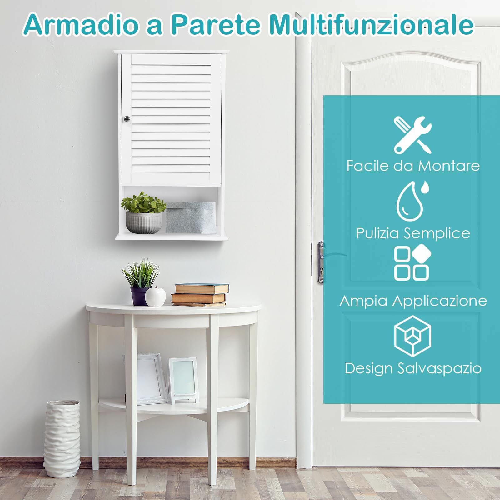 COSTWAY Armadio del Bagno Montato a Muro, Mensola Interna Regolabile, Struttura in MDF di Qualità, Pratico e Salva Spazio, Design Unico (Bianco)
