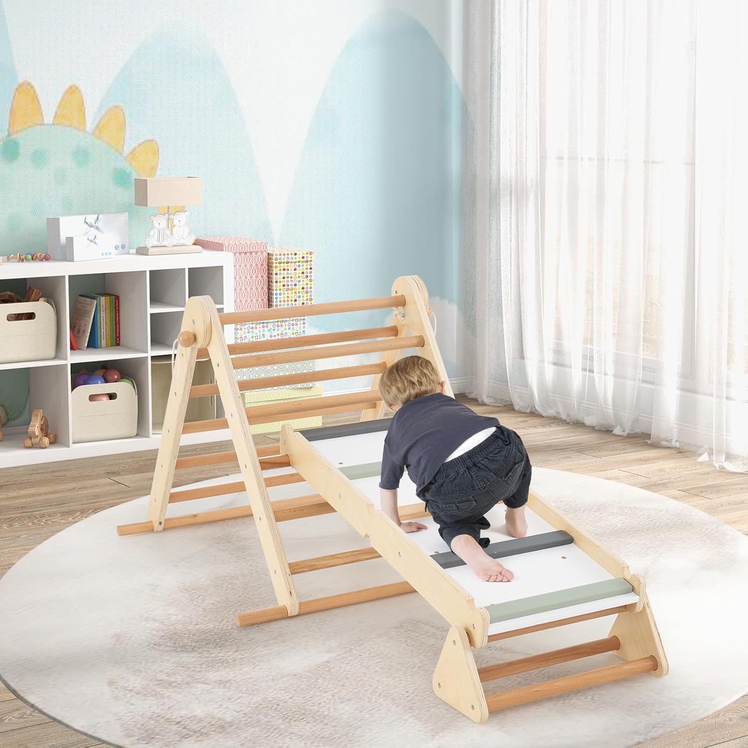 Costzon 3 in 1 Triangle Climbing Set, Kids Montessori Climbing Toys with Dual Side Ramp, Adjustable Climbing Triangle, Foldable Wooden Climber Jungle Gym for Toddlers Boys Girls 3+ Years Old
