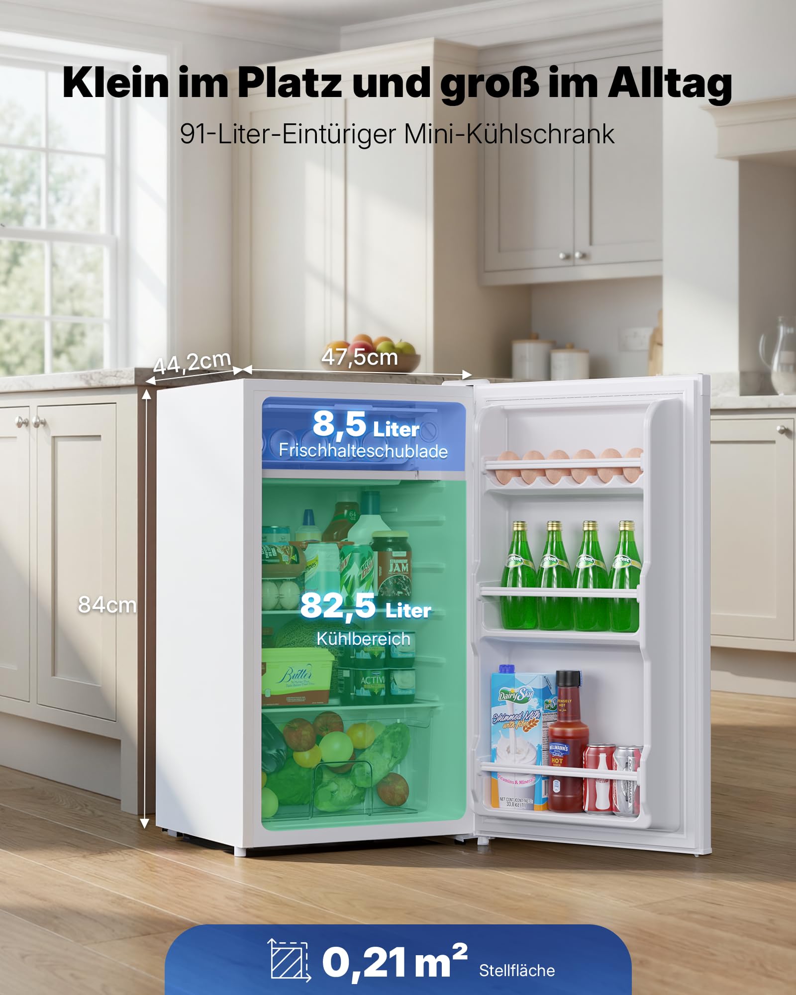 Upstreman 91L Kleiner Kühlschrank mit Gefrierfach, 5 Temperaturstufen, 41 dB Leiser Betrieb