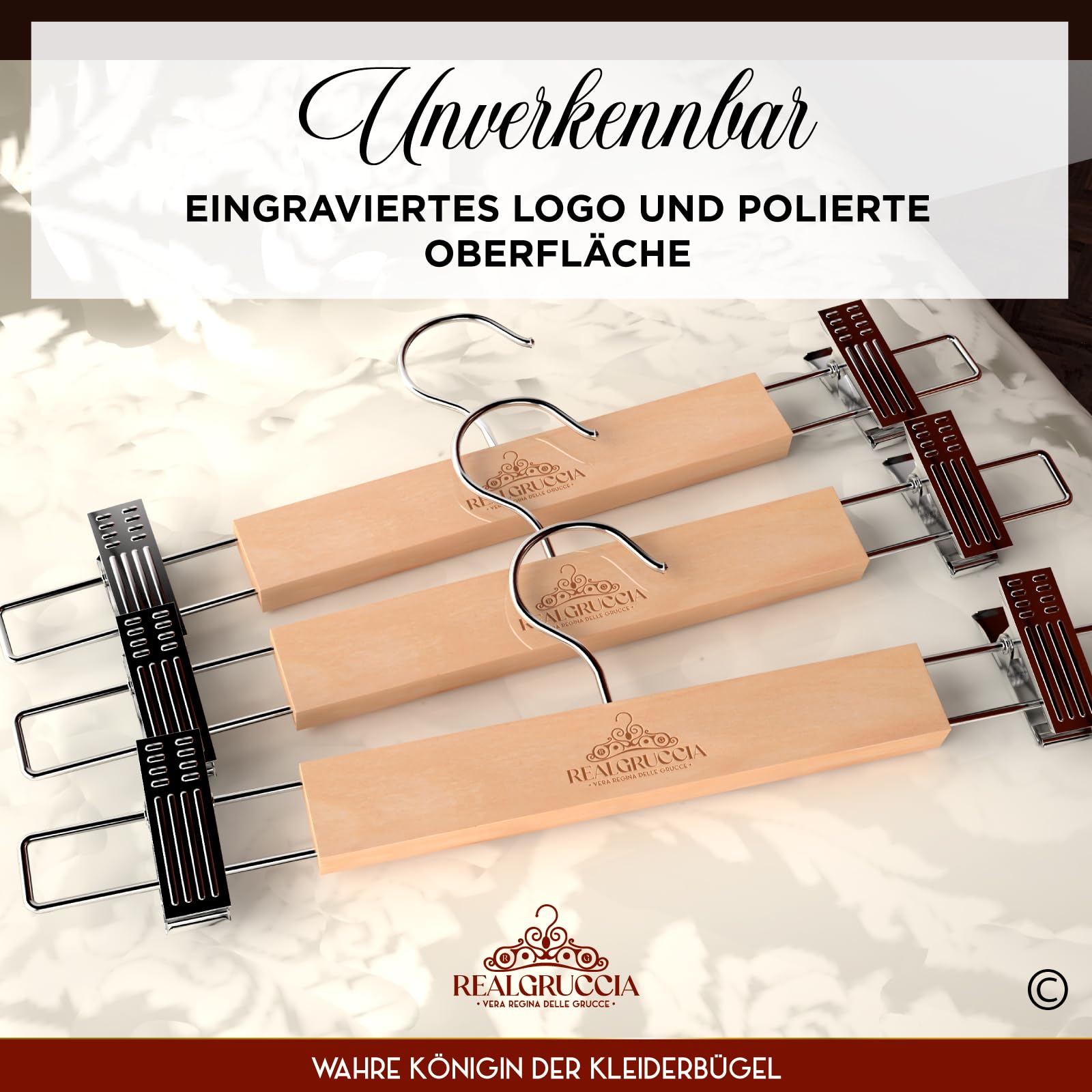 50 Kleiderbügel mit Klammern aus Holz 13x33cm Hosenbügel Röcke Jeans - RealGruccia 360° Drehbarer Haken aus Widerstandsfähigem Metall - Polierte Ausführung - Platzsparende Verstellbare Clips Stabil