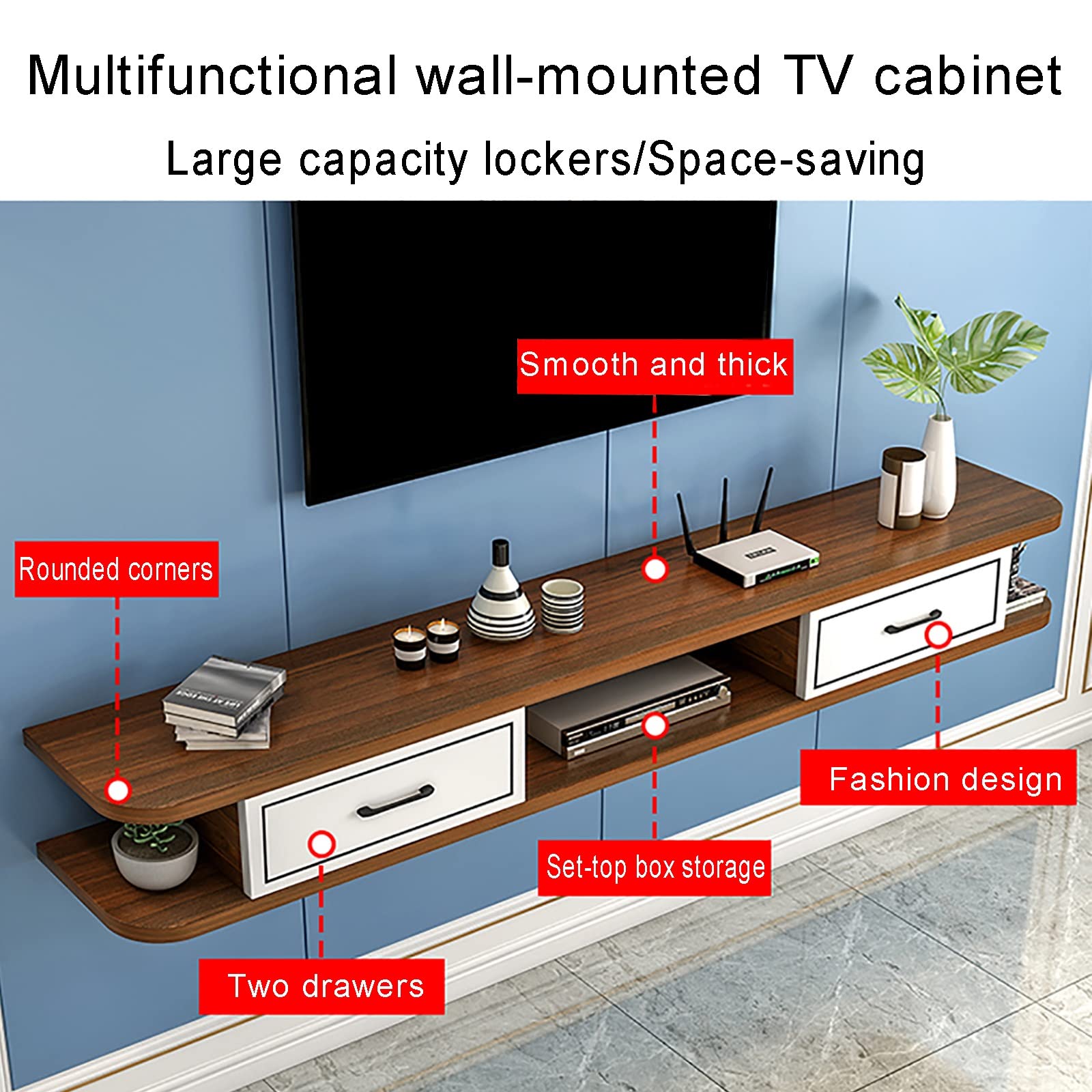 Mensola TV sospesa, Supporto TV sospeso a Parete con cassetto - Elegante mensola da Appendere al Muro per Console Audio/Video, Console di Gioco, decoder e Router.