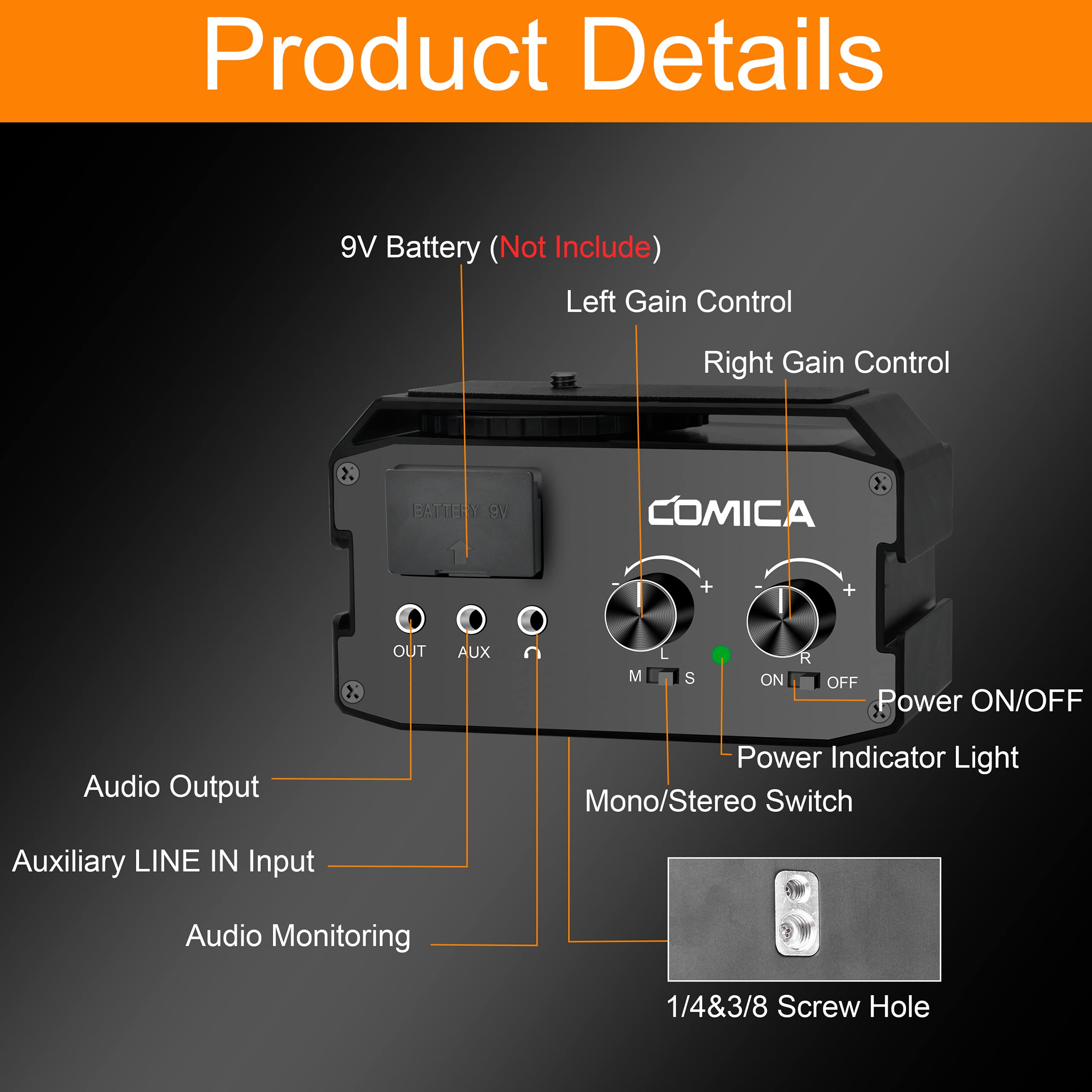 COMICA Mezclador de Audio CVM-AX3 Adaptador de micrófono de cámara de Doble Grupo con Entrada de 3.5 mm/XLR / 6.35 mm, preamplificador para cámara/videocámara Canon Sony DSLR Vlogging de Youtube