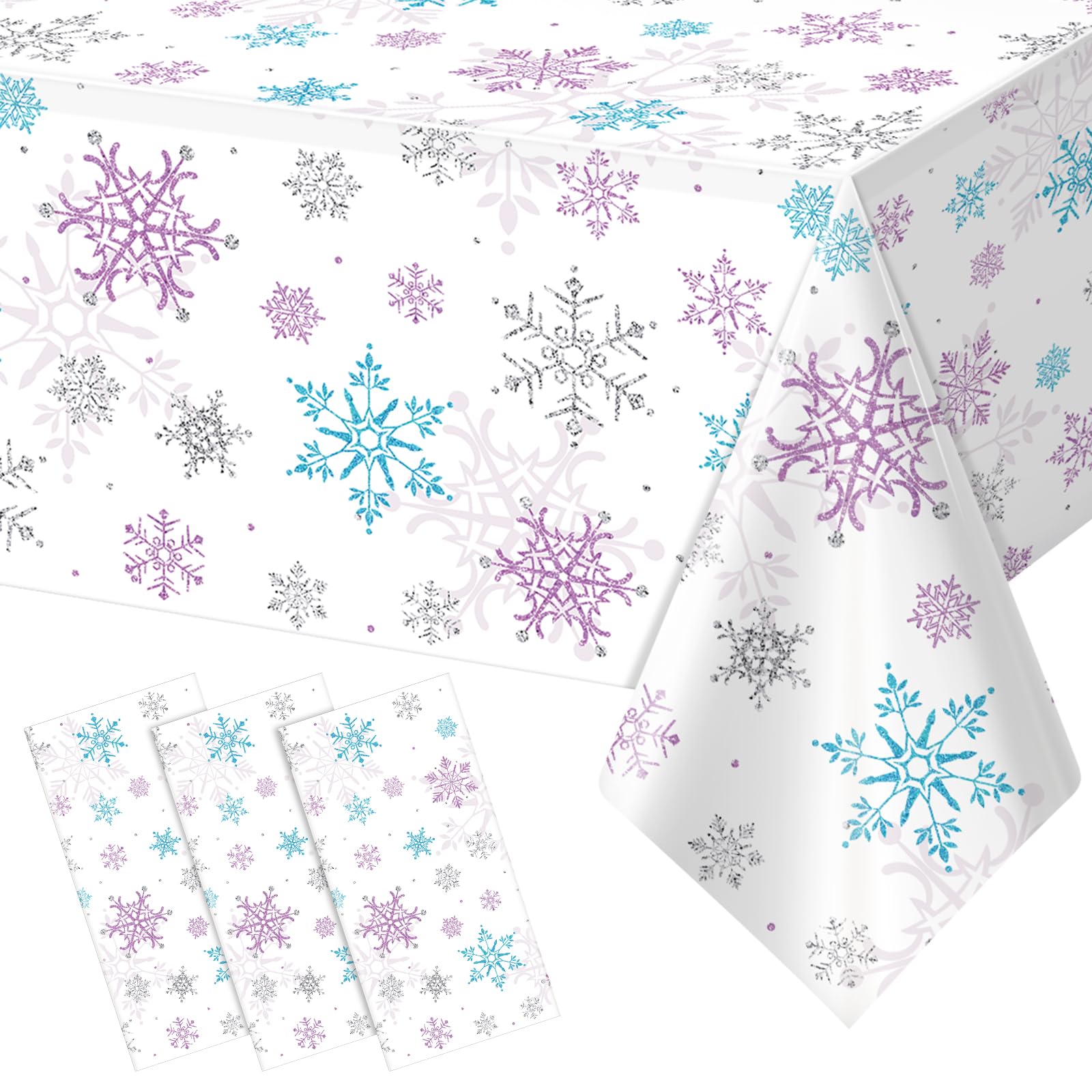 3-Pack Purple & Blue Snowflake Plastic Tablecloths - 54x108 Inch, Winter Wonderland Party Decor - View #13