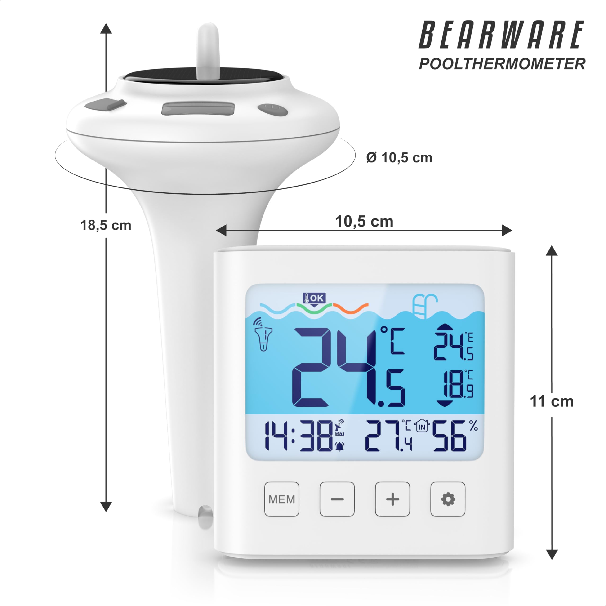 CSL – Funk Poolthermometer mit Display – Solar - Temperaturanzeige – Luftfeuchtigkeit – Innen- & Außentemperatur - Pool Schwimmbecken Schwimmbad Whirlpool - Pool Thermometer