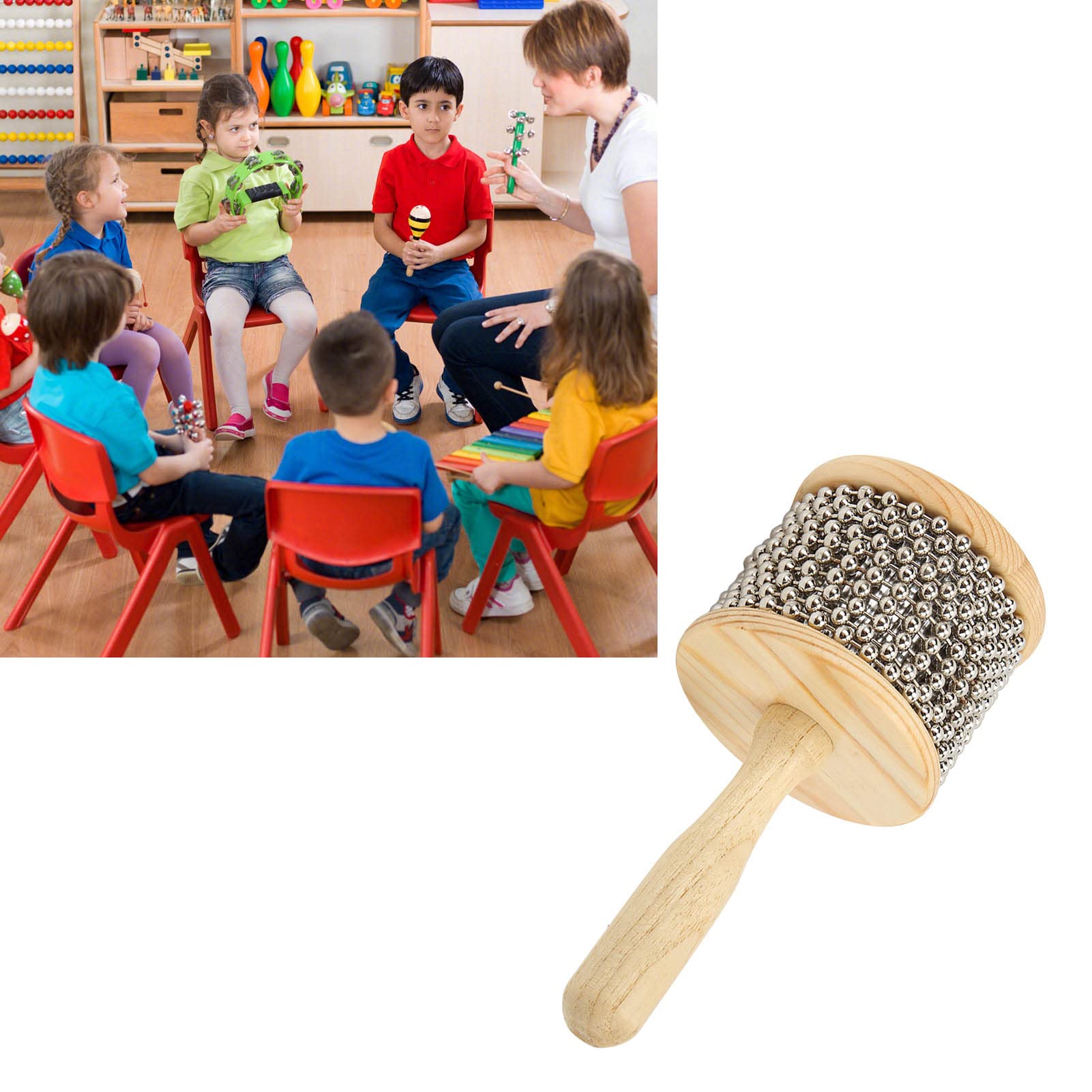 POENVFPO Cabasa-Spielzeug für Kinder, Tragbares Holz-Stahlkugel-Handkurbel-Spielzeug-Schlaginstrument für Kinder-Anfänger (Mittleres Kabasa)