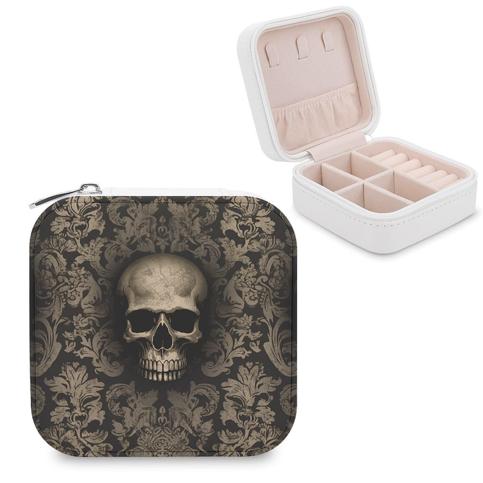 VstaDank Gothic Wallpaper Skull Travel Jewelry Case Zipper Portable Small Jewelry Box Custom Pu Leather Mini Traveling Jewelry Organizer for Rings Earrings Necklace Bracelet Girls Women