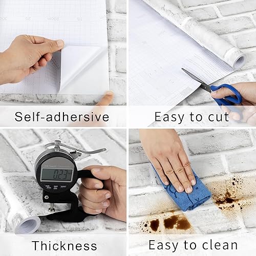 Miniatura 3 de Papel tapiz de ladrillo blanco para despegar y pegar de 17.7 x 236 pulgadas, autoadhesivo de ladrillo con textura 3D, película de vinilo extraíble,