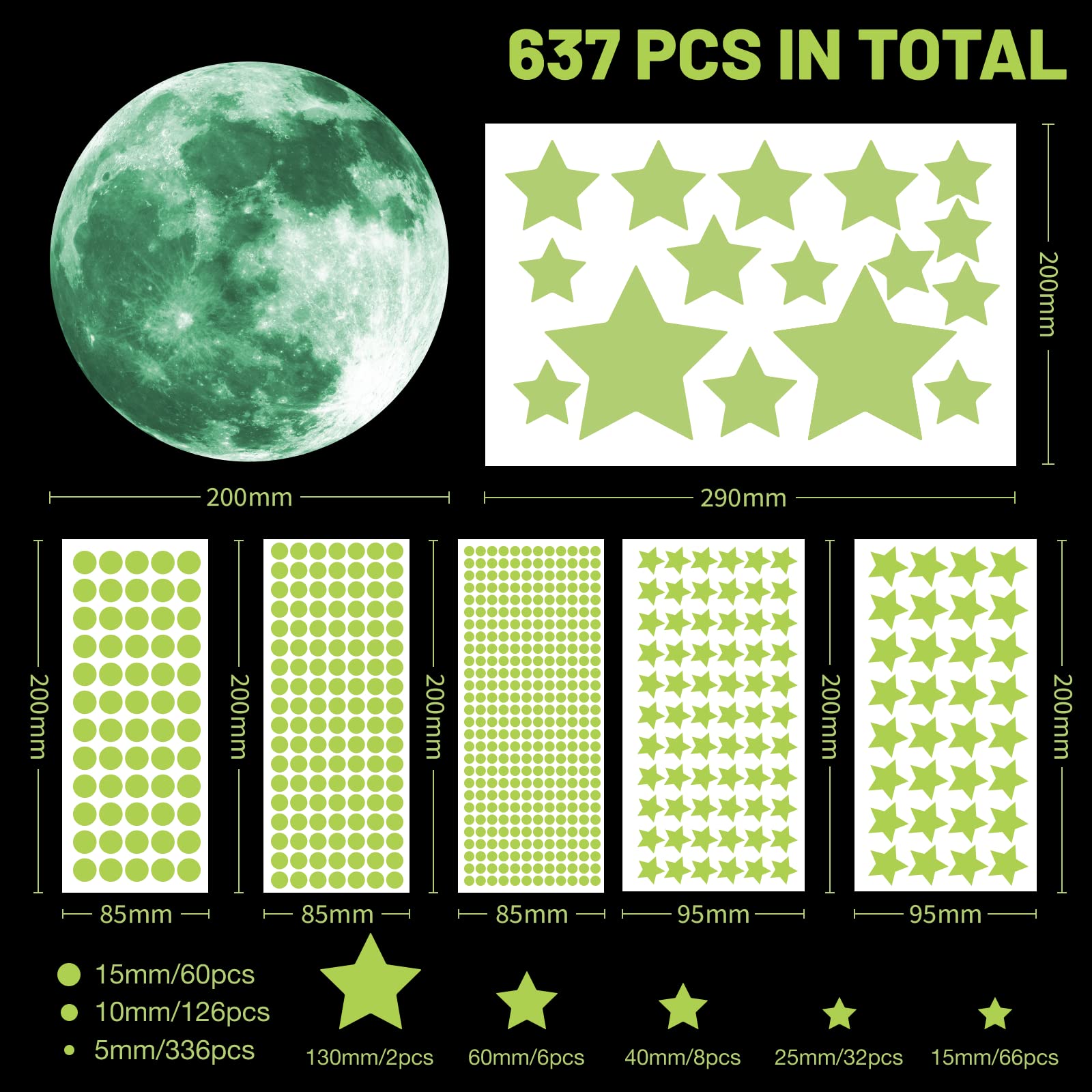 Glow In The Dark Naklejki Ścienne, 637 sztuk Luminous Kropki Gwiazdy i Księżyc DIY Naklejki ścienne do sufitu lub ścian, Luminous Naklejki samoprzylepne dla dzieci Sypialnia Dekoracji
