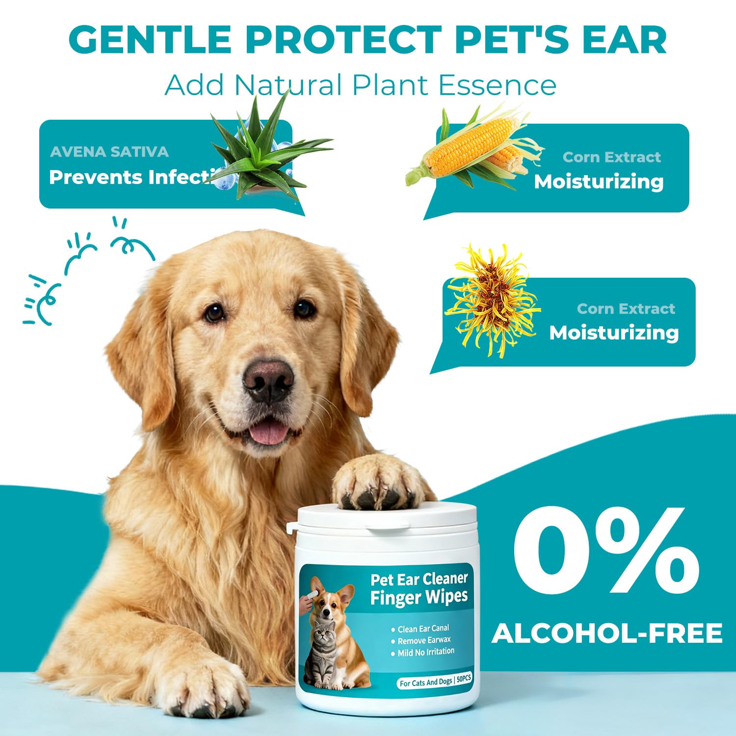 Pet Ear Cleaner Finger Wipes for Dogs, Cats, Gentle Alcohol-Free Formula, Removes Wax, Debris, 50 Count, Vet Approved, 4x8cm - image 3
