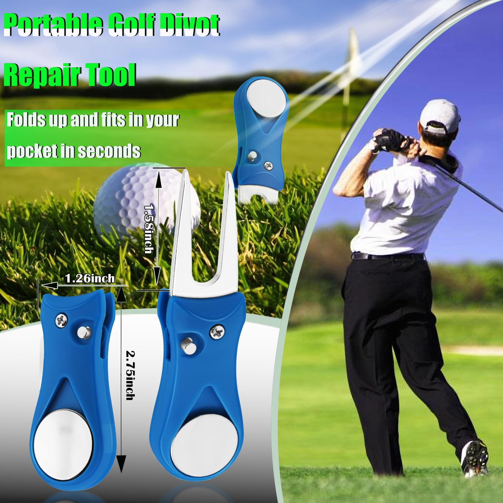 Herramienta plegable de divot de golf, paquete de 2 herramientas de reparación de acero inoxidable con botón desplegable y marcador de bola magnético para hombres y mujeres golfistas (azul)