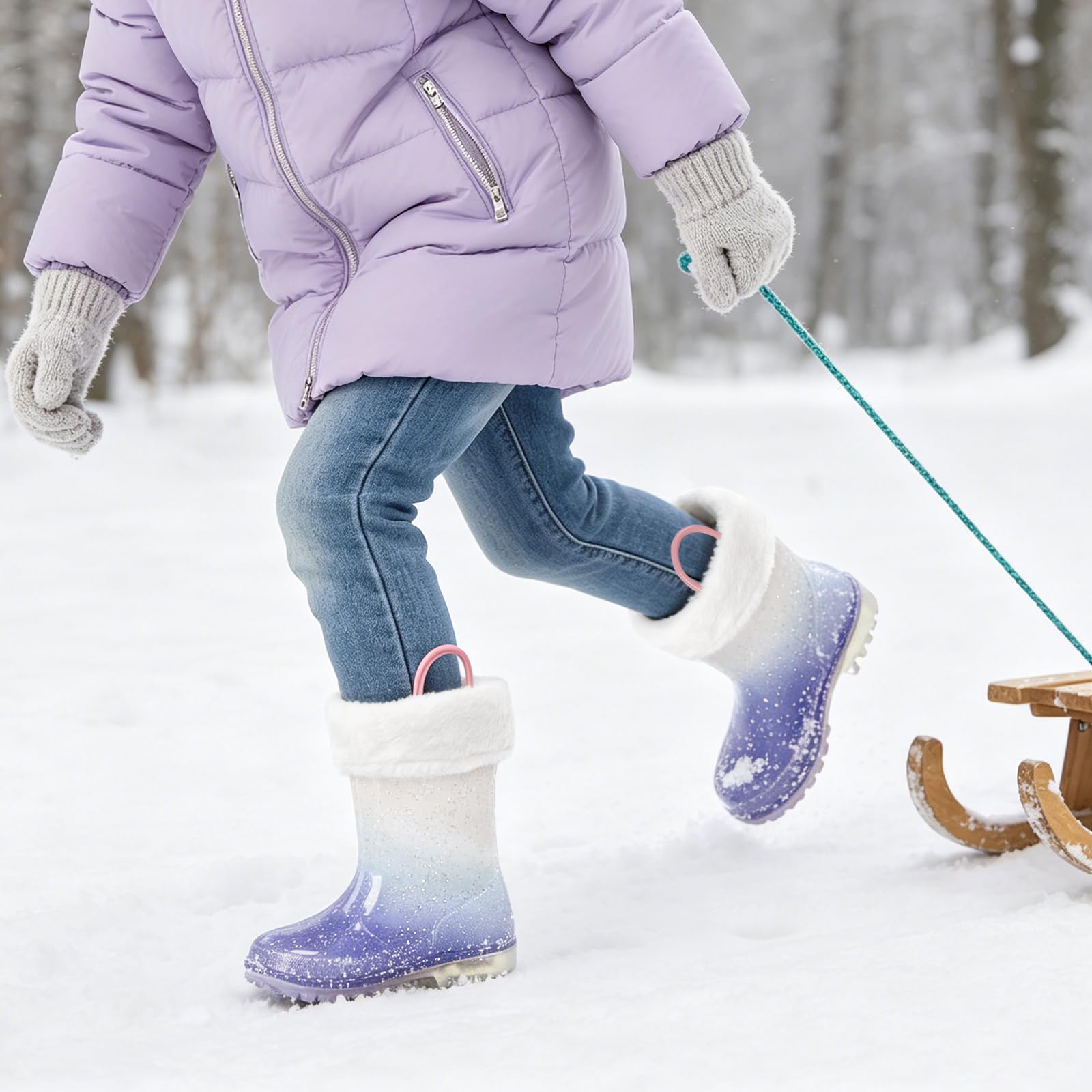 EUXTERPA Stivali di gomma per bambini con calda fodera pelosa, stivali invernali con glitter luminosi per ragazze e ragazzi, facili da maneggiare, stivali Wellington impermeabili