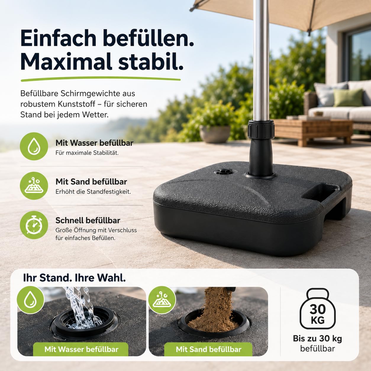 Sonnenschirmständer für Ampelschirme – Schirmgewichte zum Befüllen für Bodenkreuze aus Kunststoff – Schirmständer Sonnenschirm Ampelschirmständer (Einteilig bis 30 kg, Kunststoff)