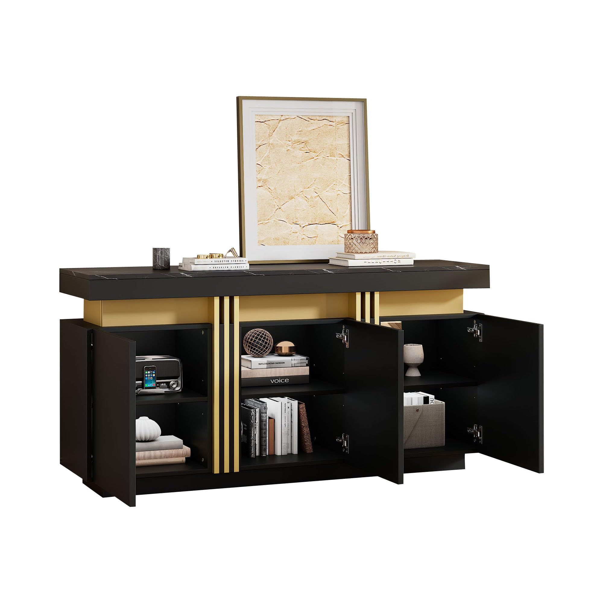 Merax Sideboard, Küchenschrank, Aufbewahrungsschrank mit 3 Türen, Moderne Buffetschrank mit Arbeitsplatte, Verstellbares Regal, Esszimmerschrank für Wohnzimmer, Esszimmer, Flur, Marmoroptik, Schwarz