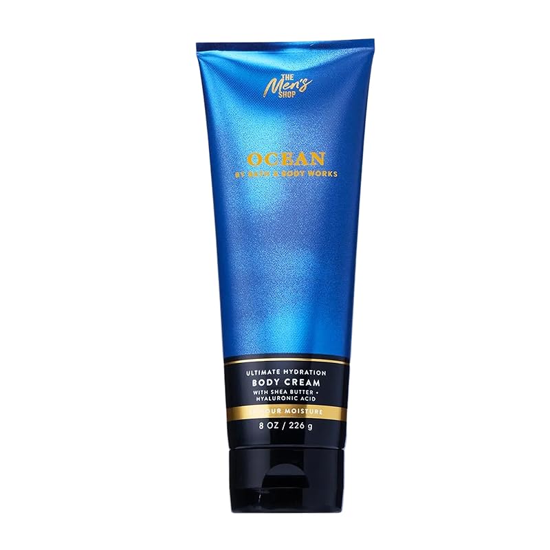 Creme corporal masculino Bath & Body Works Ocean com manteiga de karité e ácido hialurônico, fragrância Coastal Air & Cypress, 240 mL