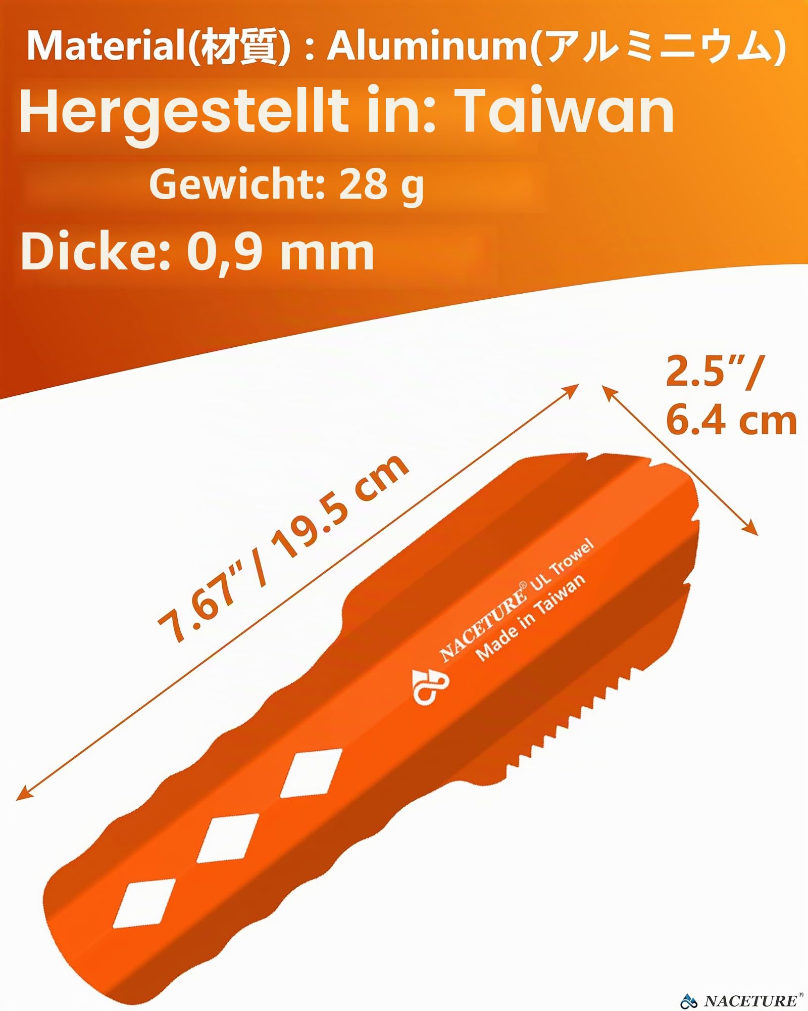 NACETURE Ultraleichte Rucksackkelle aus Aluminium, kleines Töpfchen-Multifunktionswerkzeug mit längerem Griff, unverzichtbar für Wandern, Camping und Überlebensbeutel (orange, 1 Stück)