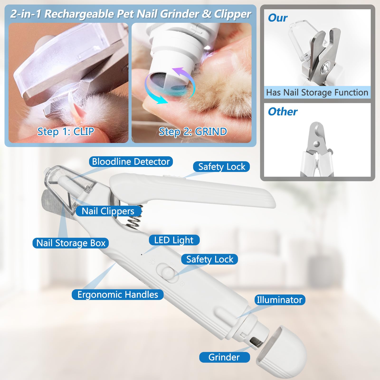 2-in-1 Led Cat Dog Nail Clipper & Nail Grinder with Lights,Rechargeable Pet Nail Trimmers with Nail File,Protective Guard,Quick Sensor,Pet Claw Clippers for Medium Small Dogs Cats Rabbits - image 3