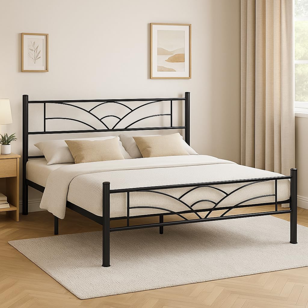 Royal Interiors Zyra Metal King Size Bed Without Storage | Wrought Iron Double Bed with Headboard & Footboard | Sturdy Powder Coated Platform Bed King Size Cot for Bedroom Living Room Black (75x72)-image-14