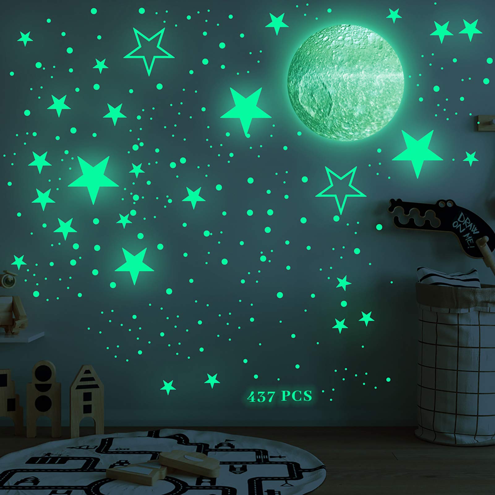 437Pcs Glow in The Dark Stars and Moon Wall Stickers, Adhesive Glowing Dots and Planet Wall Decal, Luminous Fluorescent Starry Sky Mural Decor for Nursery Baby Kids Bedroom Living Room Decoration