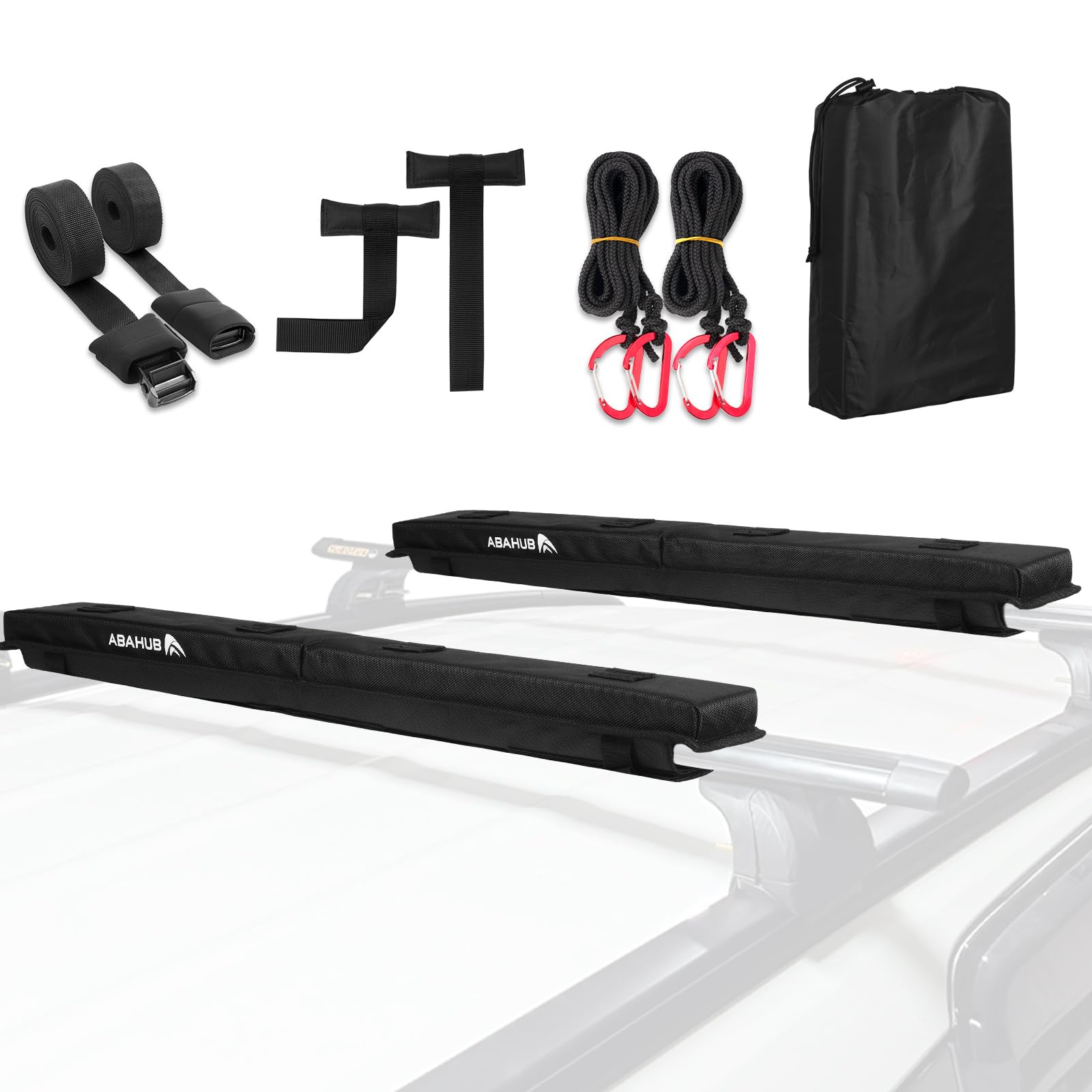 Abahub Soft Roof Rack Pads with 2 Tie Down Straps, 2 Tie Down Ropes, 2 Hood Loops and Storage Bag, for Surfboard, Kayak, Canoe, Heavy Duty Universal Car Roof Racks System (Use with Cross Bar)