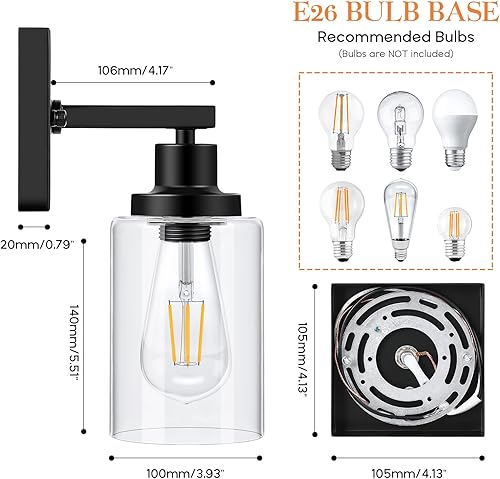 Miniatura 2 de Towallmark Set of 2 Wall Sconces for Bathroom, Matte Black Wall Mount Lighting Lanterns, Farmhouse Wall Lights with Clear Glass Shade for Bedroom