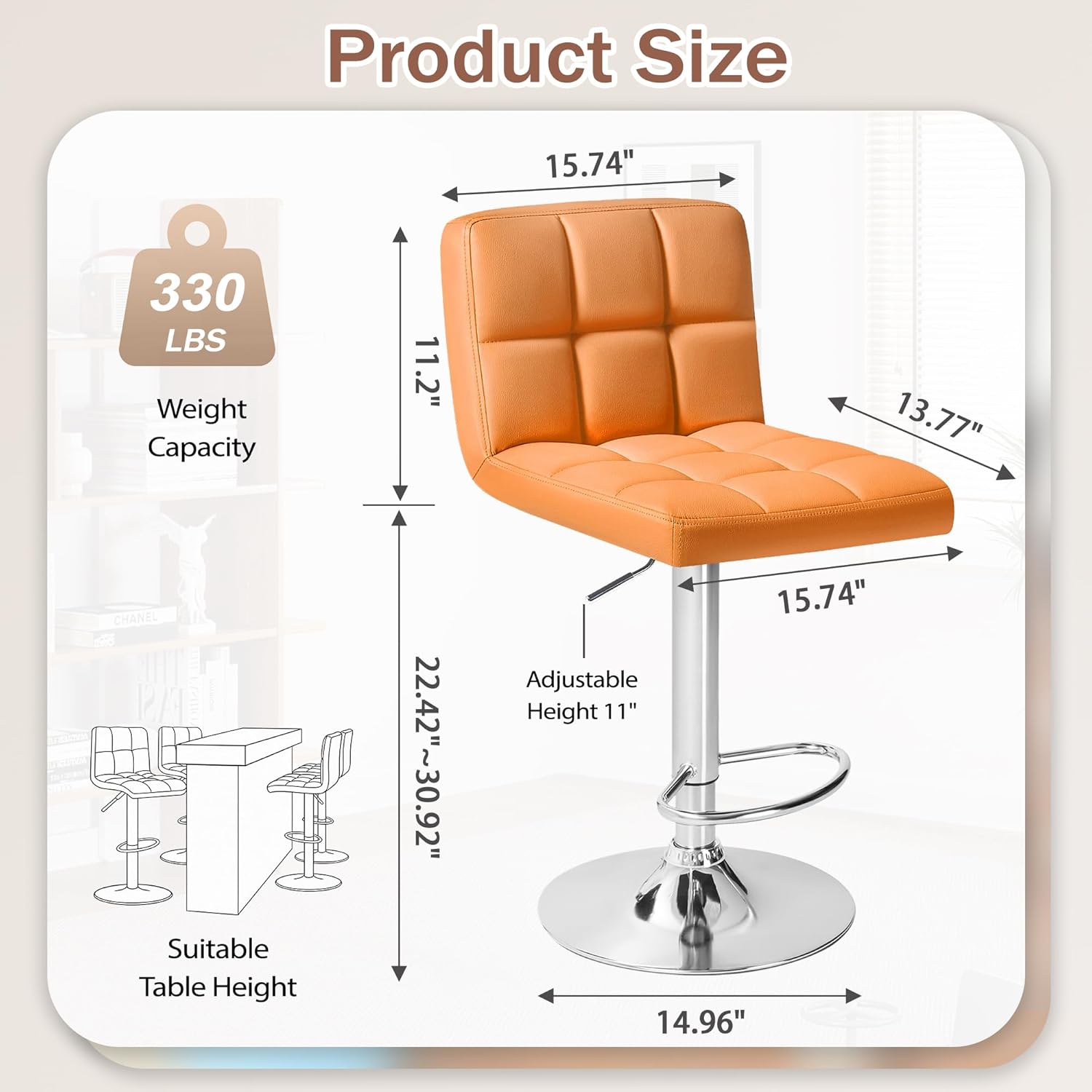 Shahoo Bar Stools Set of 2, Adjustable Height Armless Barstools Swivel Faux Leather Upholstered Kitchen Counter Stools with Mide Back and Footrest, Island Barstool for Kitchen Island, Bar, Orange