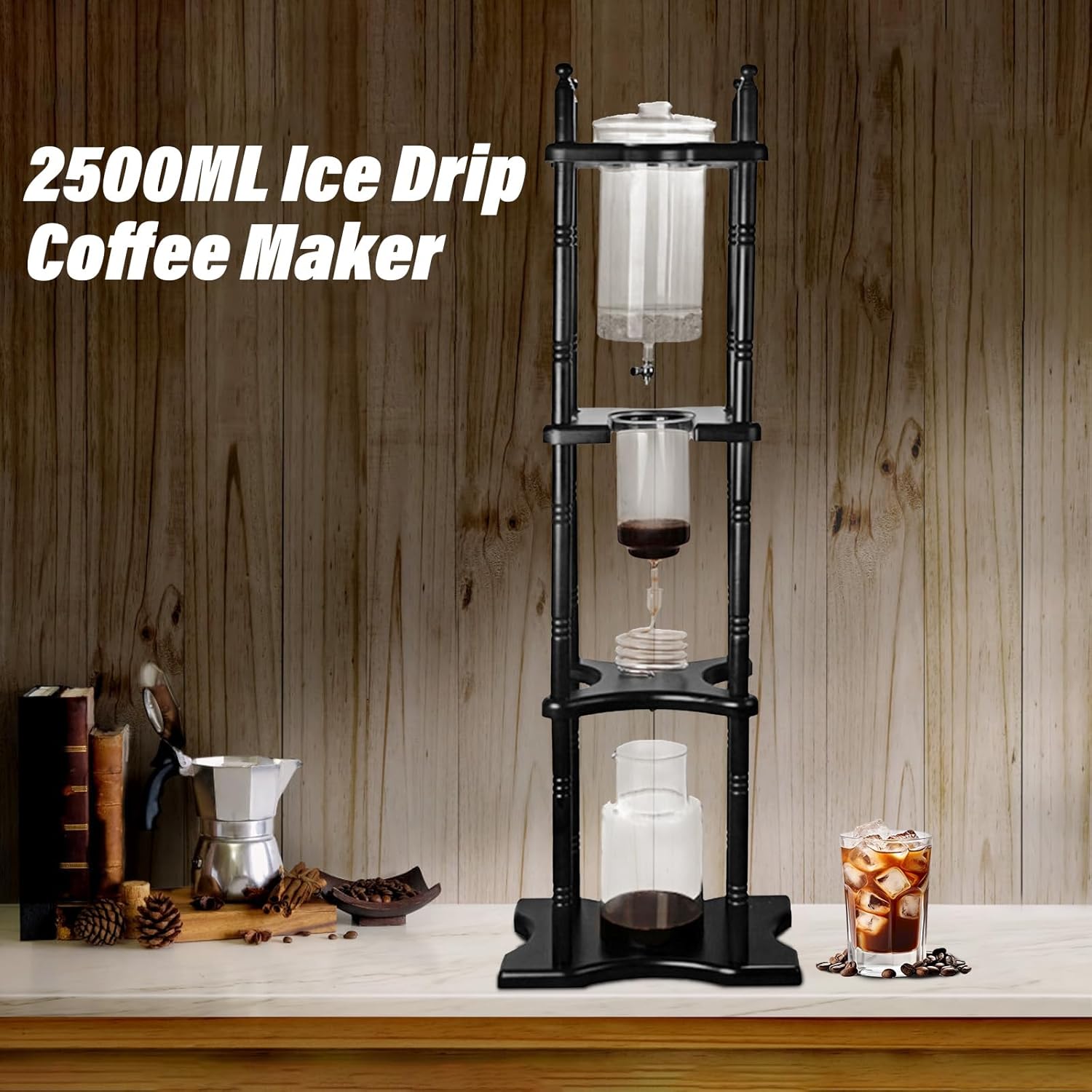 Ice Drip Coffee Maker 2500ml Cold Brew Coffee Tower Slow Drip Japanese Cold Brew Maker Drip Ice Coffee Tower Glass Dutch Coffee Dripper with Wood Straight Frame (Black)