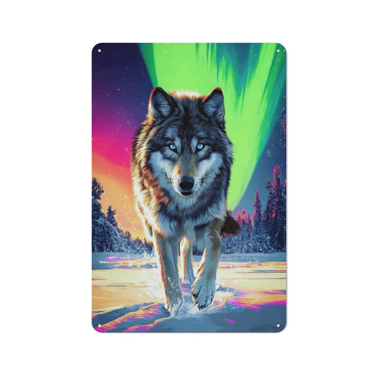 Junmoney Wolf In Aurora -2 Rustic Metal Wall Decor 30X20cm, Decorative Tin Sign For Farmhouse Kitchen, Pantry Or Dining Area