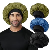 Vista 12 de Gorro para hombre, gorro de doble capa para dormir, gorro negro ajustable con banda elástica, gorros de satén de seda para trenzas de cabello rizado