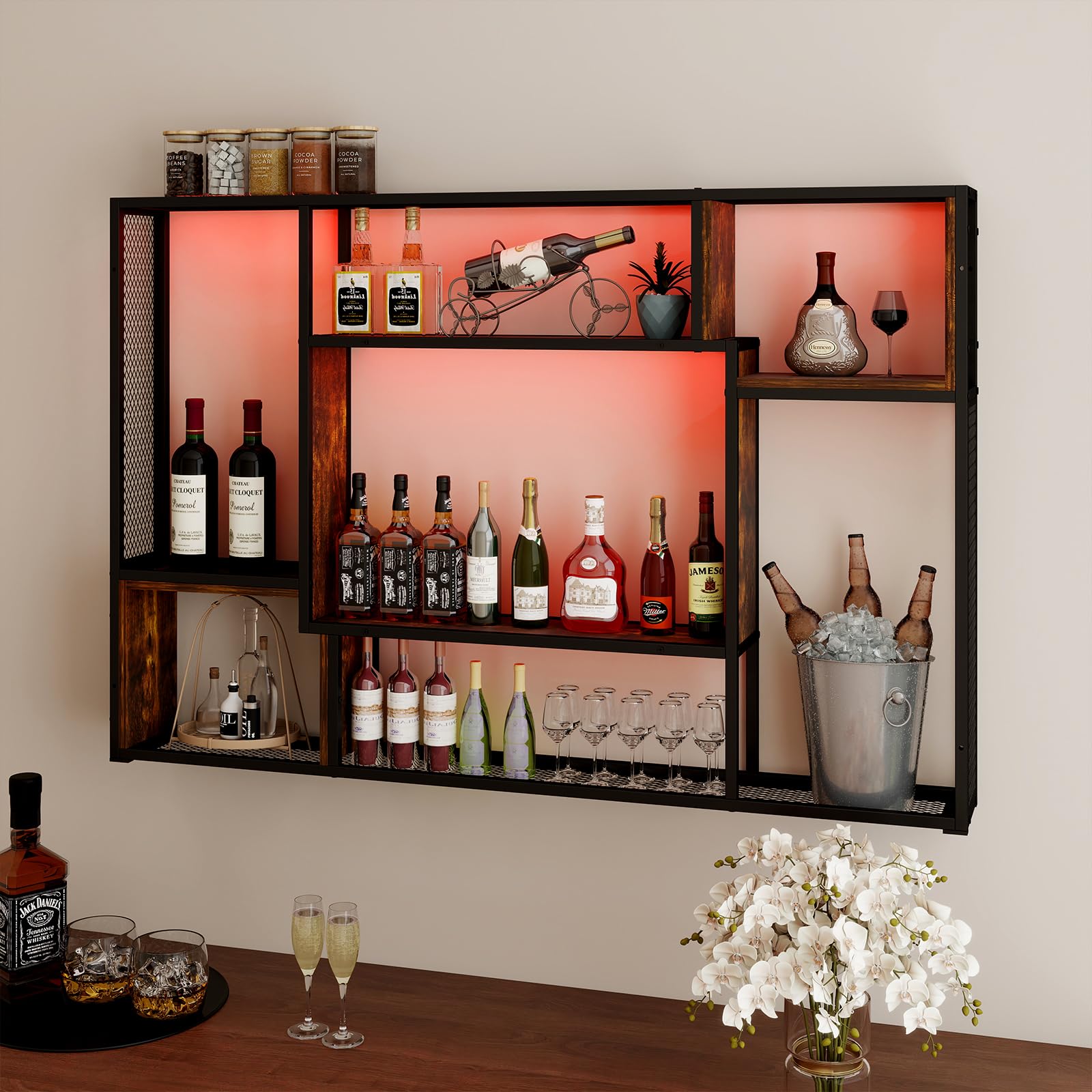 YOURLITE Weinregal Wand, mit LED-Beleuchtung Metall, Bar Regal mit LED-Licht, Wandmontage Wine Display-Ständer, 3 Ebenen Weinregal Metall, für Bars, Wohnzimmer, Küche, Restaurant, Schwarz