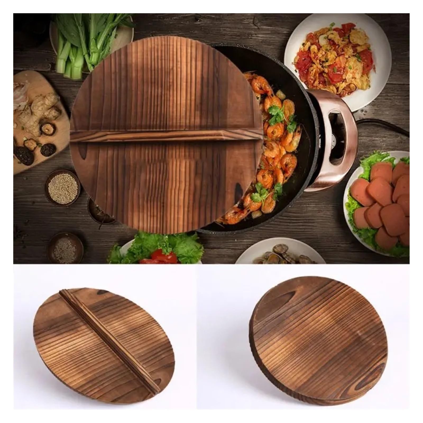 Tapa Sarten Universal Tapa de Wok de Madera Tapa de Wok de Madera Redonda Tapa de Wok de Madera con Mango Tapa de Wok Ligera antiescaldado Accesorio de Cocina de Madera Tapa de Cacerola(30)
