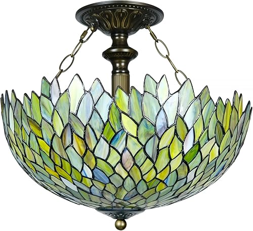 Tiffany - Lámpara de techo de glicina verde con vitrales, semi empotrada, 16 pulgadas de altura, 15 pulgadas, lámpara de techo Tiffany