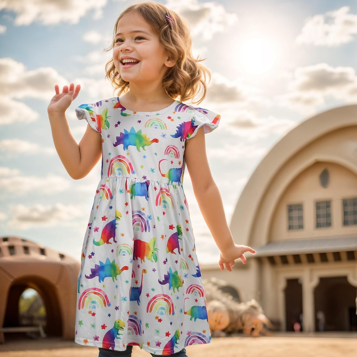 Toddler Little Girls Casual Dresses Short Sleeve Crew Neck Graphic Cartoon Dress for 2-8 Years 3-4T Dinosaur Rainbow 2 image 8 of 8 B0CZCFM3FM