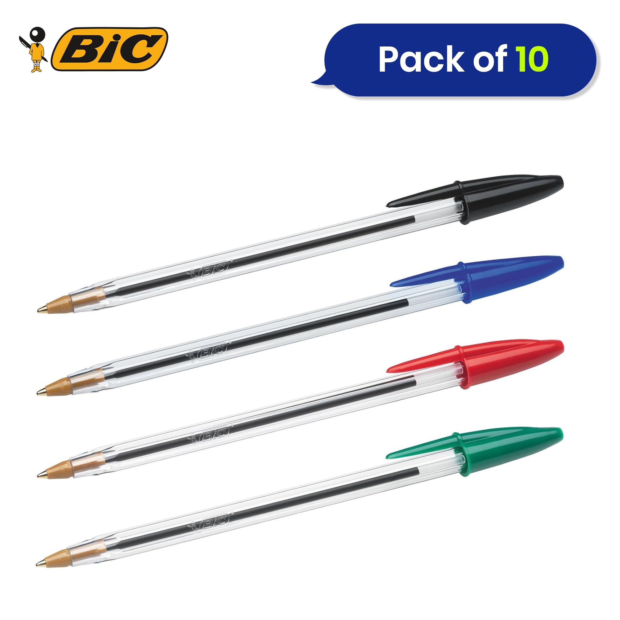 BIC Cristal Original Lot de 10 stylos à bille à pointe fine de 1 mm, couleurs assorties, stylos fiables pour l'école et le bureau, écriture lisse, prise en main confortable, durable et durable