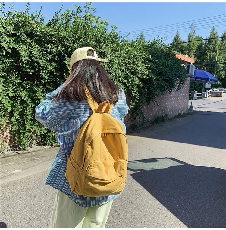 Vintage Aesthetic Canvas Backpack Preppy Backpack Japanese Harajuku Bag Fit 15.6” Laptop Travel Rucksack (Yellow,One Size)2