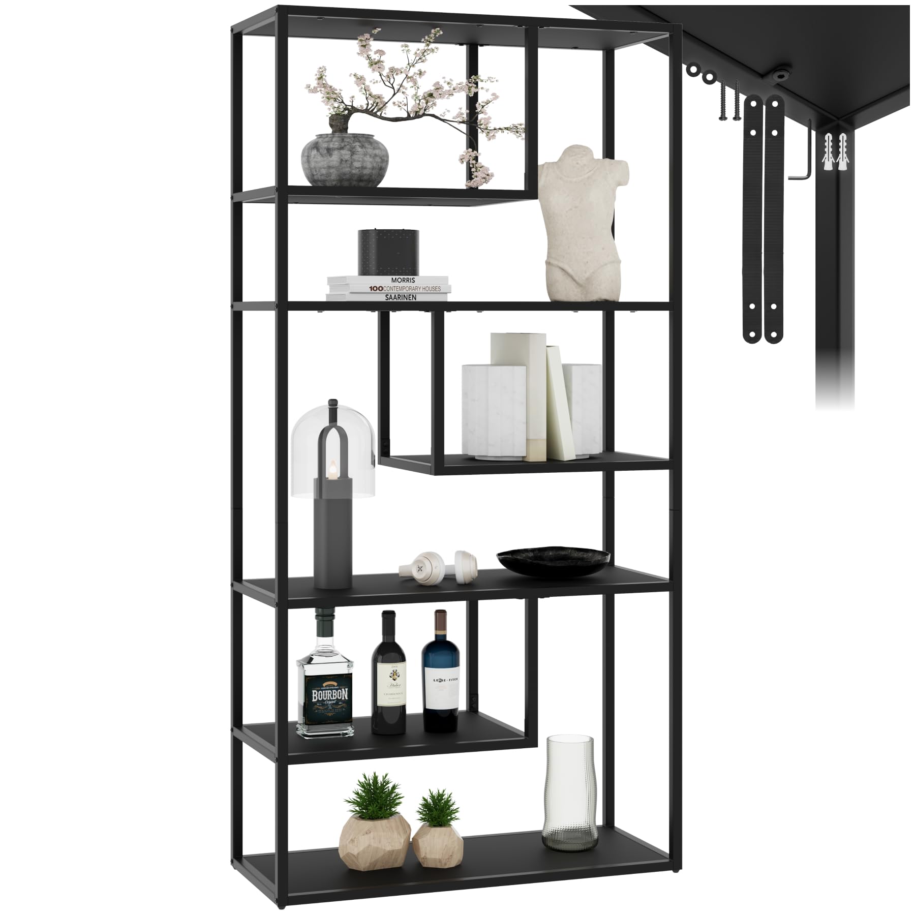 TecTake® Estantería Industrial con Estructura de Acero. 6 Compartimentos. Estanteria de Cocina Antivuelco. Estanteria Almacenaje. Estanteria Libros, Estantería Metálica - 35 x 85 x 188 cm Negro